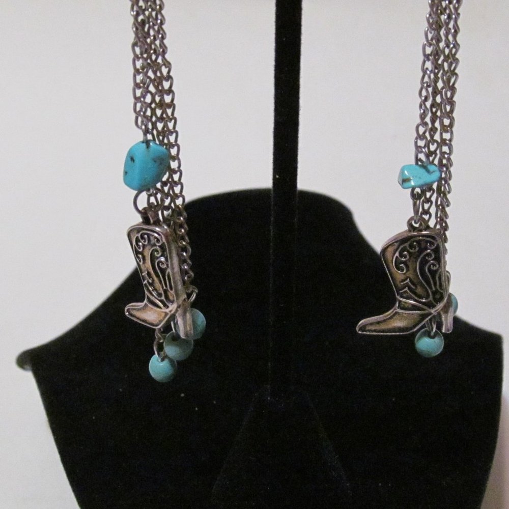 Western look pierced dangle earrings cowboy boots turquoise